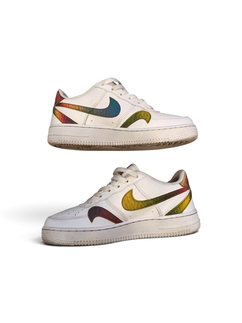 Nike Kids White Sneakers with Multicolor Swoosh Accents